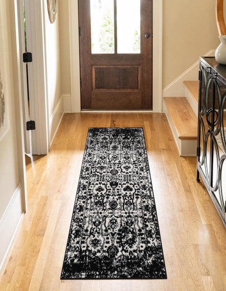 Black and White 2' x 8' Portland Runner Area Rug 85% Polypropylene & 15% Polyester Vintage Distressed Traditional Carpet for Home Decor for Sale at Rug Engine