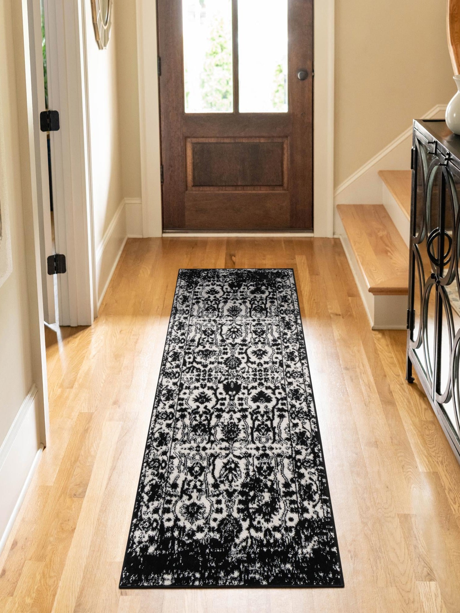 Black and White 2' x 6' 1 Portland Runner Area Rug 85% Polypropylene & 15% Polyester Vintage Distressed Traditional Carpet for Home Decor for Sale at Rug Engine