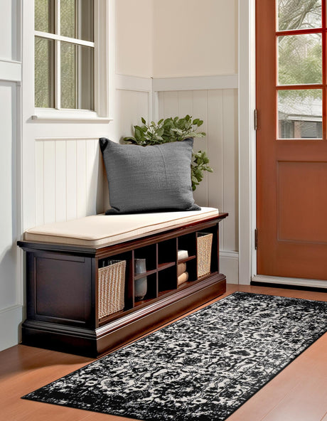 Black and White 2' x 8' Portland Runner Area Rug 85% Polypropylene & 15% Polyester Vintage Distressed Traditional Carpet for Home Decor for Sale at Rug Engine