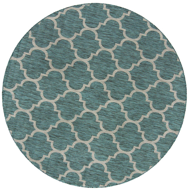 Teal 7' 10 x 7' 10 Outdoor Trellis Round Area Rug Weather Resistant for Patio, Deck, Terrace, Balcony, Porch Geometric Design Water Safe Outside Carpet for Sale at Rug Engine