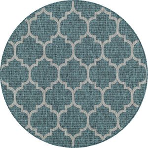 Teal 5' 3 x 5' 3 Outdoor Trellis Round Area Rug Weather Resistant for Patio, Deck, Terrace, Balcony, Porch Geometric Design Water Safe Outside Carpet for Sale at Rug Engine
