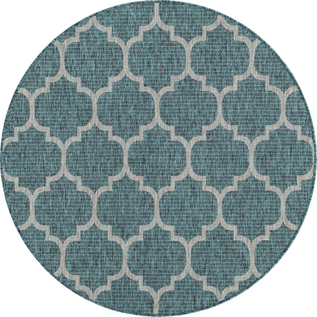 Teal 5' 3 x 5' 3 Outdoor Trellis Round Area Rug Weather Resistant for Patio, Deck, Terrace, Balcony, Porch Geometric Design Water Safe Outside Carpet for Sale at Rug Engine