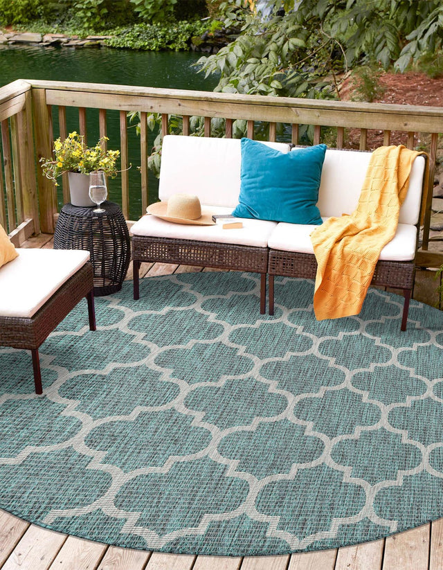 Teal 5' 3 x 5' 3 Outdoor Trellis Round Area Rug Weather Resistant for Patio, Deck, Terrace, Balcony, Porch Geometric Design Water Safe Outside Carpet for Sale at Rug Engine