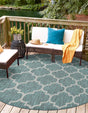 Teal 3' 1 x 3' 1 Outdoor Trellis Round Area Rug Weather Resistant for Patio, Deck, Terrace, Balcony, Porch Geometric Design Water Safe Outside Carpet for Sale at Rug Engine