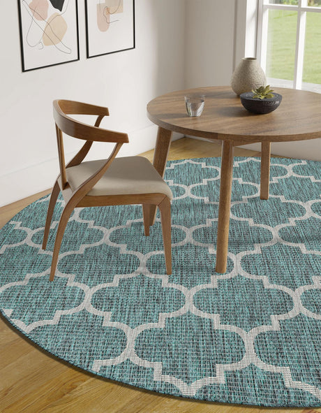 Teal 3' 1 x 3' 1 Outdoor Trellis Round Area Rug Weather Resistant for Patio, Deck, Terrace, Balcony, Porch Geometric Design Water Safe Outside Carpet for Sale at Rug Engine