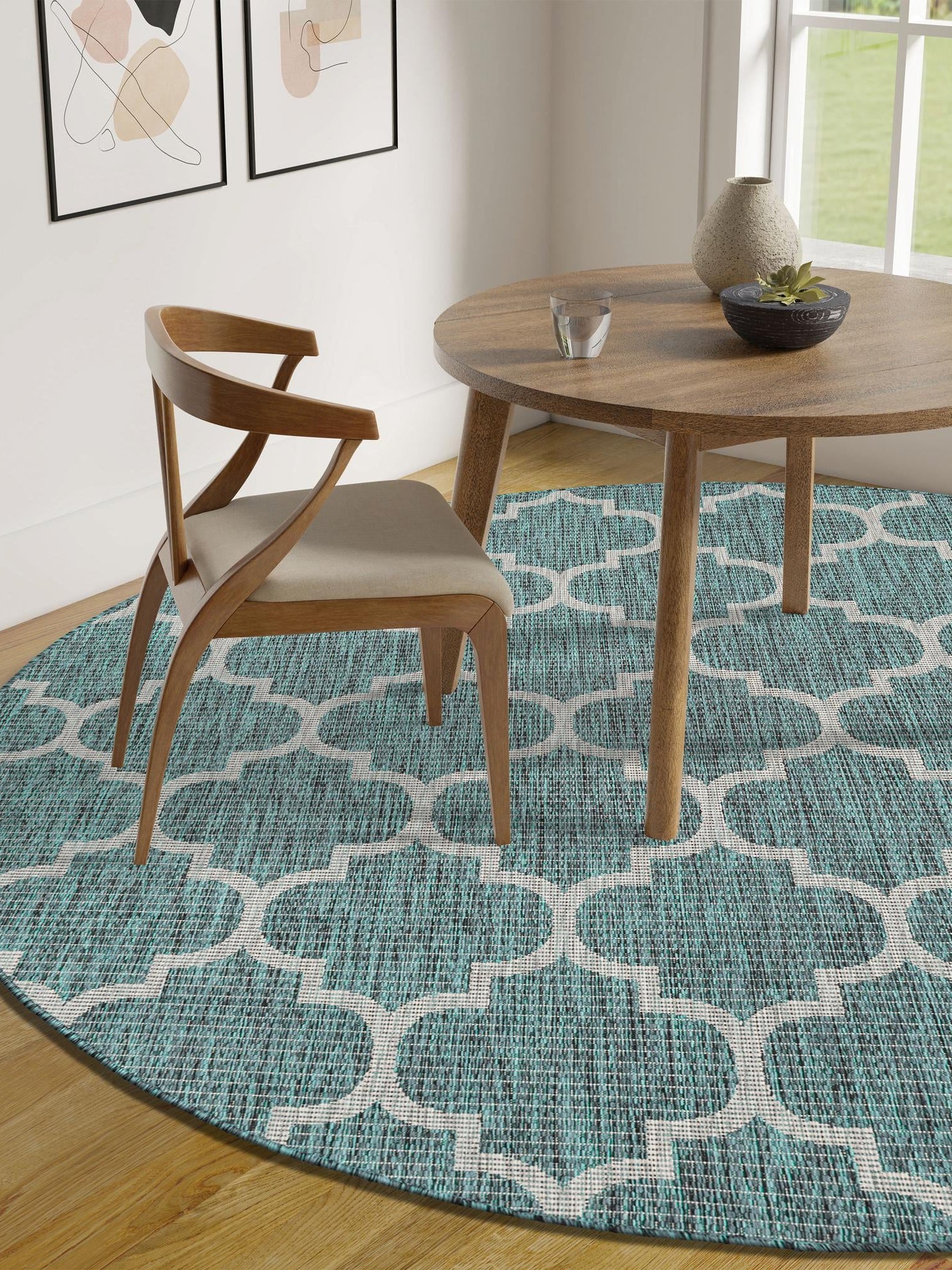 Teal 5' 3 x 5' 3 Outdoor Trellis Round Area Rug Weather Resistant for Patio, Deck, Terrace, Balcony, Porch Geometric Design Water Safe Outside Carpet for Sale at Rug Engine