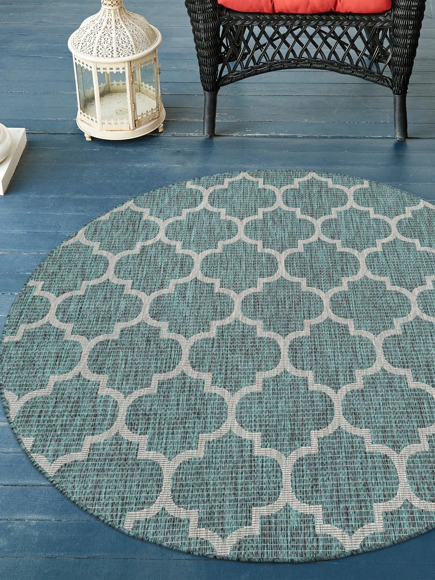Teal 3' 1 x 3' 1 Outdoor Trellis Round Area Rug Weather Resistant for Patio, Deck, Terrace, Balcony, Porch Geometric Design Water Safe Outside Carpet for Sale at Rug Engine