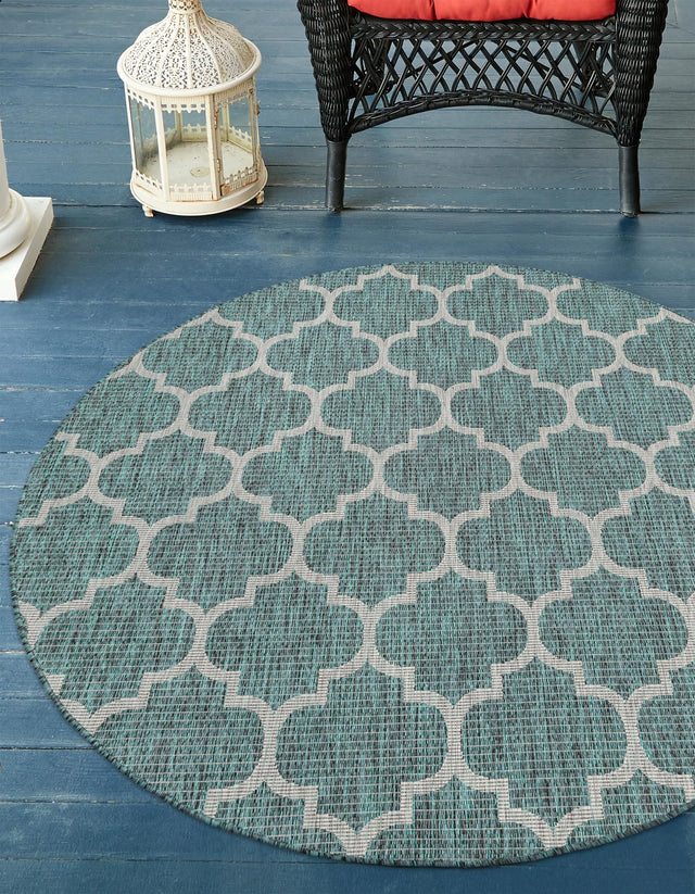 Teal 3' 1 x 3' 1 Outdoor Trellis Round Area Rug Weather Resistant for Patio, Deck, Terrace, Balcony, Porch Geometric Design Water Safe Outside Carpet for Sale at Rug Engine