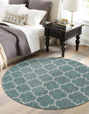 Teal 5' 3 x 5' 3 Outdoor Trellis Round Area Rug Weather Resistant for Patio, Deck, Terrace, Balcony, Porch Geometric Design Water Safe Outside Carpet for Sale at Rug Engine