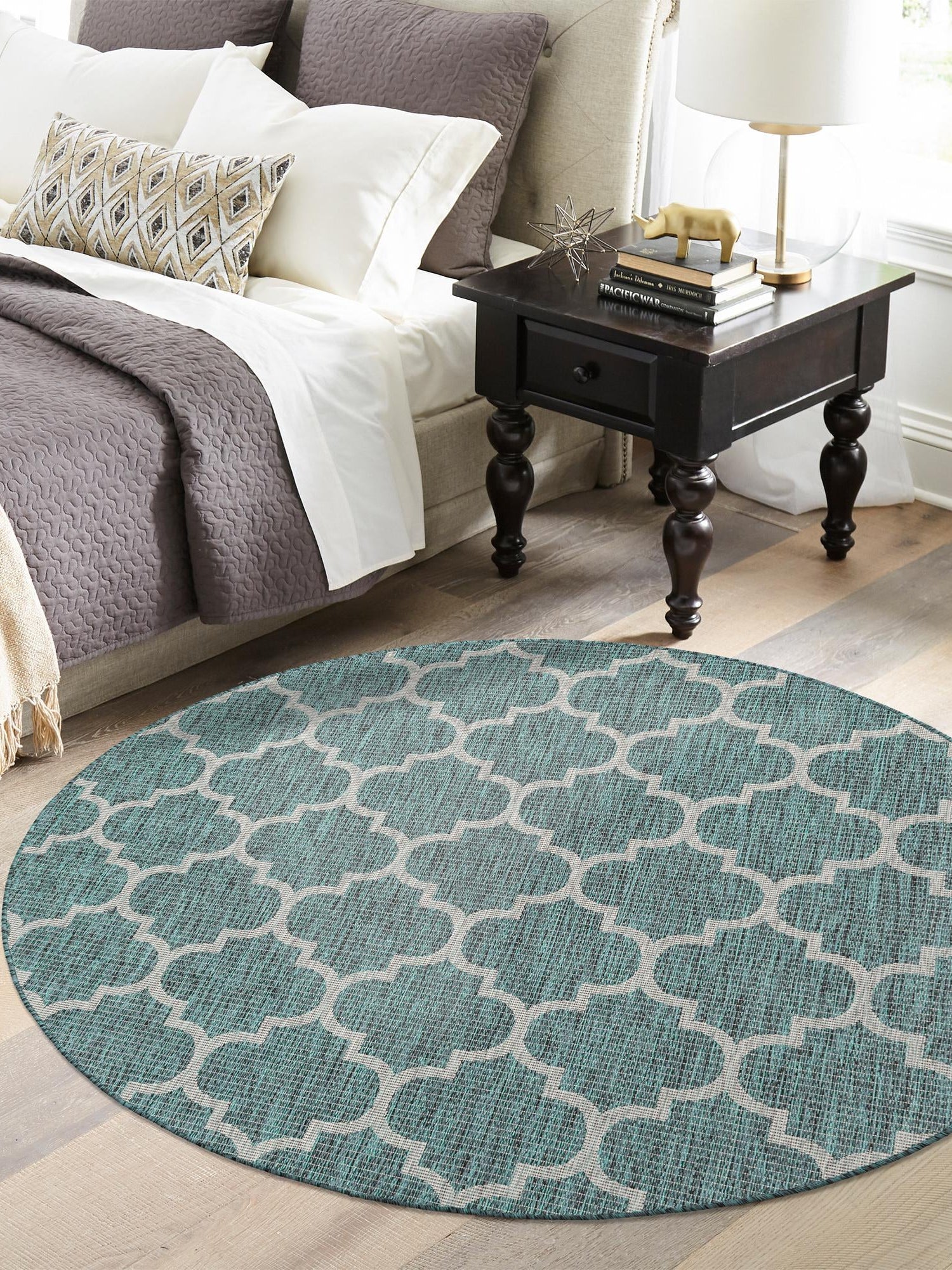Teal 3' 1 x 3' 1 Outdoor Trellis Round Area Rug Weather Resistant for Patio, Deck, Terrace, Balcony, Porch Geometric Design Water Safe Outside Carpet for Sale at Rug Engine