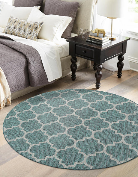 Teal 3' 1 x 3' 1 Outdoor Trellis Round Area Rug Weather Resistant for Patio, Deck, Terrace, Balcony, Porch Geometric Design Water Safe Outside Carpet for Sale at Rug Engine