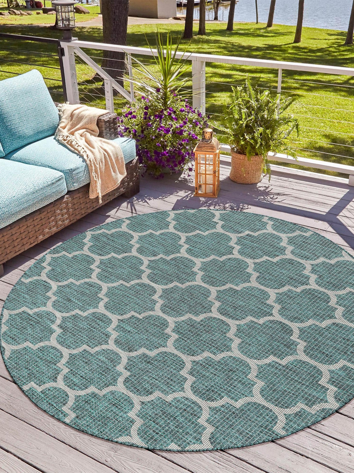 Teal 5' 3 x 5' 3 Outdoor Trellis Round Area Rug Weather Resistant for Patio, Deck, Terrace, Balcony, Porch Geometric Design Water Safe Outside Carpet for Sale at Rug Engine