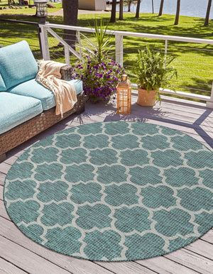 Teal 3' 1 x 3' 1 Outdoor Trellis Round Area Rug Weather Resistant for Patio, Deck, Terrace, Balcony, Porch Geometric Design Water Safe Outside Carpet for Sale at Rug Engine