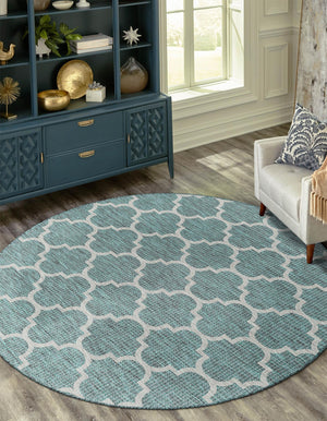 Teal 3' 1 x 3' 1 Outdoor Trellis Round Area Rug Weather Resistant for Patio, Deck, Terrace, Balcony, Porch Geometric Design Water Safe Outside Carpet for Sale at Rug Engine