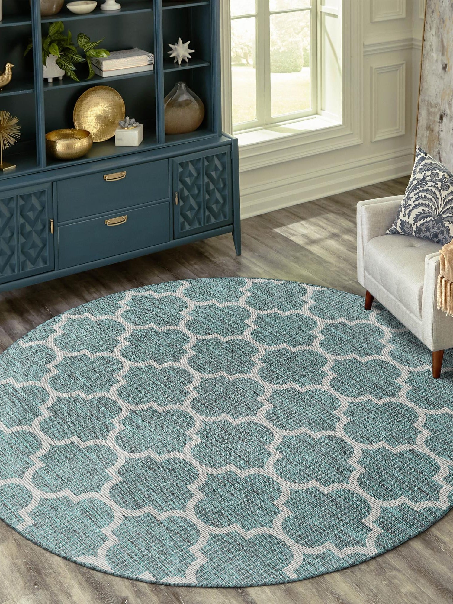 Teal 5' 3 x 5' 3 Outdoor Trellis Round Area Rug Weather Resistant for Patio, Deck, Terrace, Balcony, Porch Geometric Design Water Safe Outside Carpet for Sale at Rug Engine