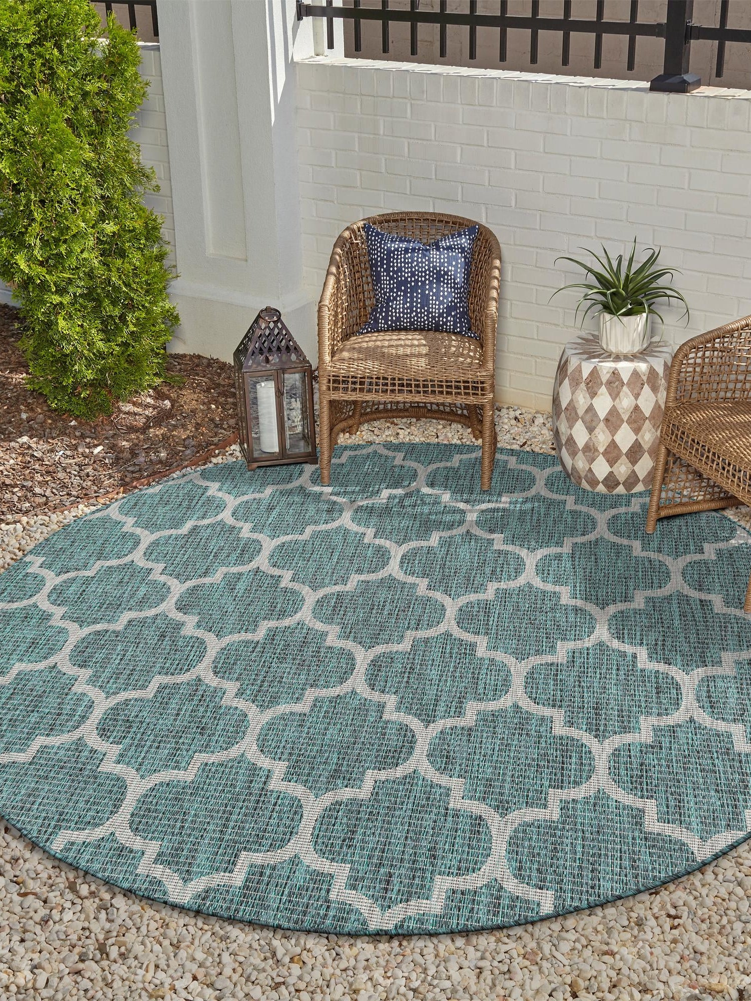Teal 3' 1 x 3' 1 Outdoor Trellis Round Area Rug Weather Resistant for Patio, Deck, Terrace, Balcony, Porch Geometric Design Water Safe Outside Carpet for Sale at Rug Engine
