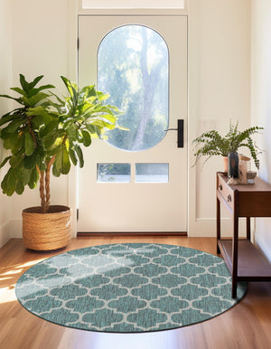 Teal 3' 1 x 3' 1 Outdoor Trellis Round Area Rug Weather Resistant for Patio, Deck, Terrace, Balcony, Porch Geometric Design Water Safe Outside Carpet for Sale at Rug Engine