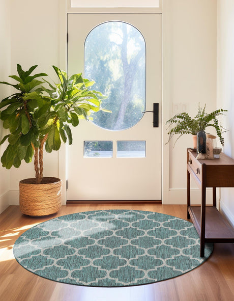 Teal 5' 3 x 5' 3 Outdoor Trellis Round Area Rug Weather Resistant for Patio, Deck, Terrace, Balcony, Porch Geometric Design Water Safe Outside Carpet for Sale at Rug Engine