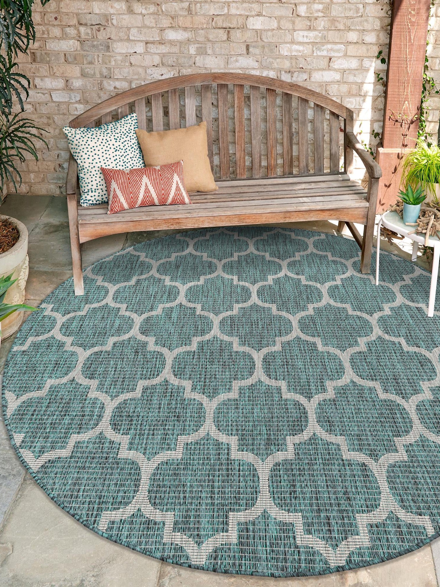 Teal 3' 1 x 3' 1 Outdoor Trellis Round Area Rug Weather Resistant for Patio, Deck, Terrace, Balcony, Porch Geometric Design Water Safe Outside Carpet for Sale at Rug Engine