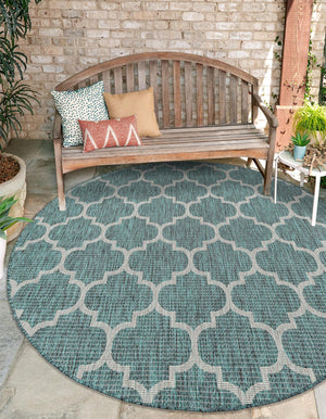 Teal 3' 1 x 3' 1 Outdoor Trellis Round Area Rug Weather Resistant for Patio, Deck, Terrace, Balcony, Porch Geometric Design Water Safe Outside Carpet for Sale at Rug Engine