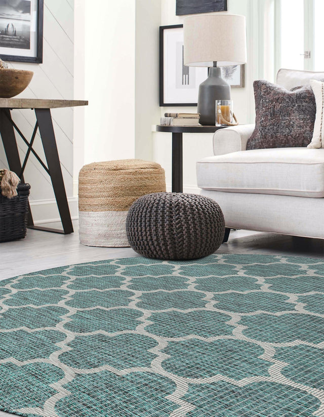 Teal 5' 3 x 5' 3 Outdoor Trellis Round Area Rug Weather Resistant for Patio, Deck, Terrace, Balcony, Porch Geometric Design Water Safe Outside Carpet for Sale at Rug Engine