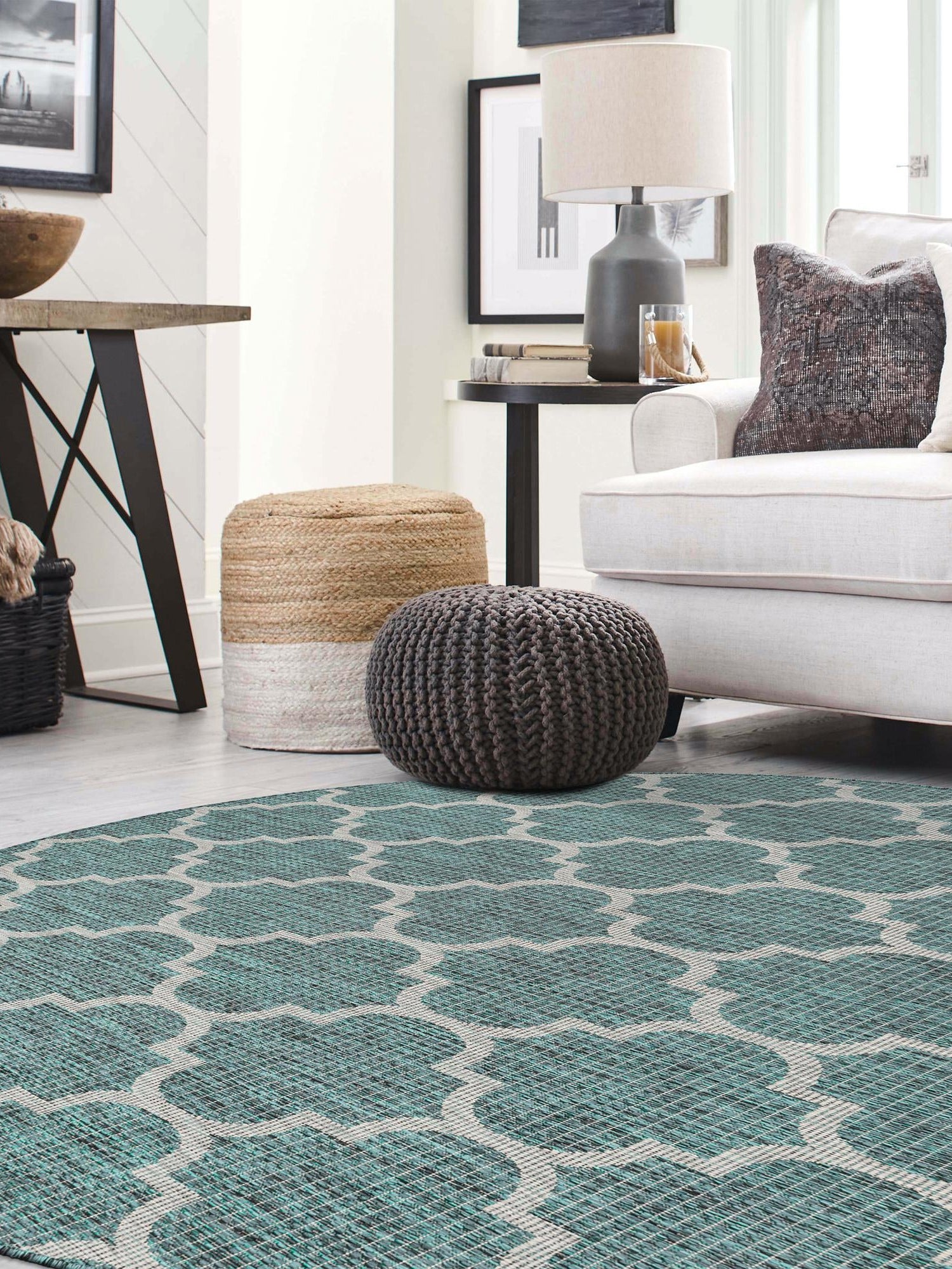 Teal 3' 1 x 3' 1 Outdoor Trellis Round Area Rug Weather Resistant for Patio, Deck, Terrace, Balcony, Porch Geometric Design Water Safe Outside Carpet for Sale at Rug Engine