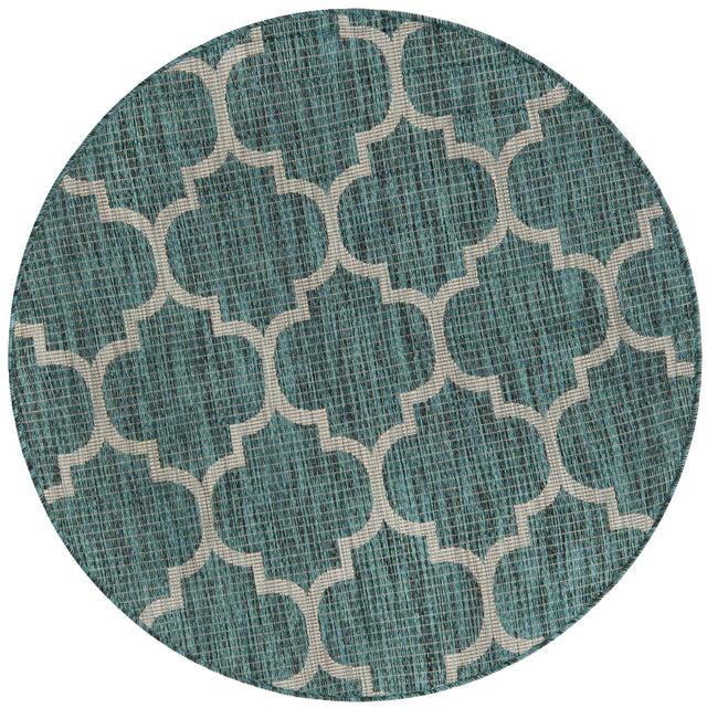 Teal 4' 1 x 4' 1 Outdoor Trellis Round Area Rug Weather Resistant for Patio, Deck, Terrace, Balcony, Porch Geometric Design Water Safe Outside Carpet for Sale at Rug Engine