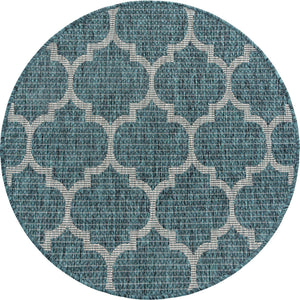 Teal 3' 1 x 3' 1 Outdoor Trellis Round Area Rug Weather Resistant for Patio, Deck, Terrace, Balcony, Porch Geometric Design Water Safe Outside Carpet for Sale at Rug Engine