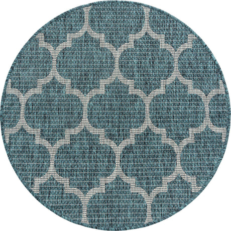 Teal 3' 1 x 3' 1 Outdoor Trellis Round Area Rug Weather Resistant for Patio, Deck, Terrace, Balcony, Porch Geometric Design Water Safe Outside Carpet for Sale at Rug Engine