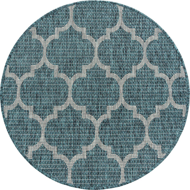 Teal 3' 1 x 3' 1 Outdoor Trellis Round Area Rug Weather Resistant for Patio, Deck, Terrace, Balcony, Porch Geometric Design Water Safe Outside Carpet for Sale at Rug Engine