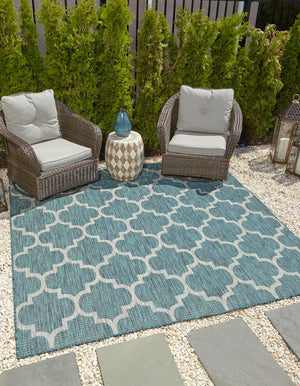 Teal 6' 1 x 6' 1 Outdoor Trellis Square Area Rug Weather Resistant for Patio, Deck, Terrace, Balcony, Porch Geometric Design Water Safe Outside Carpet for Sale at Rug Engine
