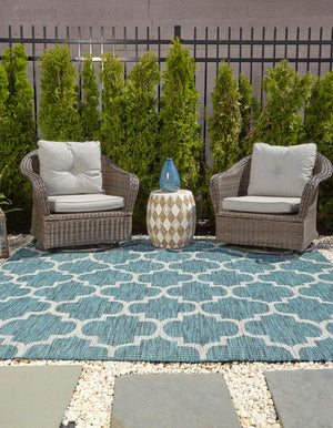 Teal 6' 1 x 6' 1 Outdoor Trellis Square Area Rug Weather Resistant for Patio, Deck, Terrace, Balcony, Porch Geometric Design Water Safe Outside Carpet for Sale at Rug Engine