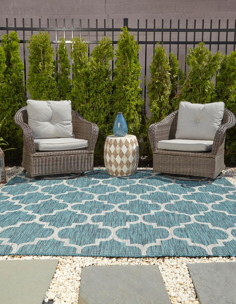 Teal 6' 1 x 6' 1 Outdoor Trellis Square Area Rug Weather Resistant for Patio, Deck, Terrace, Balcony, Porch Geometric Design Water Safe Outside Carpet for Sale at Rug Engine