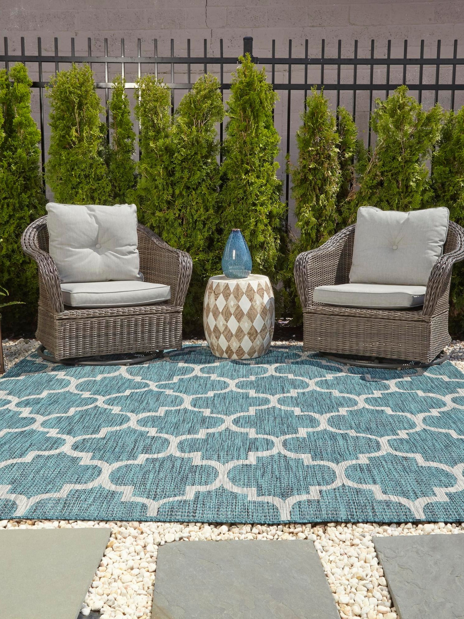 Teal 10' x 10' Outdoor Trellis Square Area Rug Weather Resistant for Patio, Deck, Terrace, Balcony, Porch Geometric Design Water Safe Outside Carpet for Sale at Rug Engine