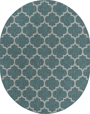 Teal 7' 10 x 10' Outdoor Trellis Oval Area Rug Weather Resistant for Patio, Deck, Terrace, Balcony, Porch Geometric Design Water Safe Outside Carpet for Sale at Rug Engine