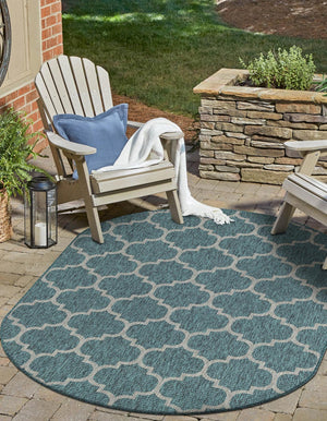 Teal 5' 3 x 8' Outdoor Trellis Oval Area Rug Weather Resistant for Patio, Deck, Terrace, Balcony, Porch Geometric Design Water Safe Outside Carpet for Sale at Rug Engine