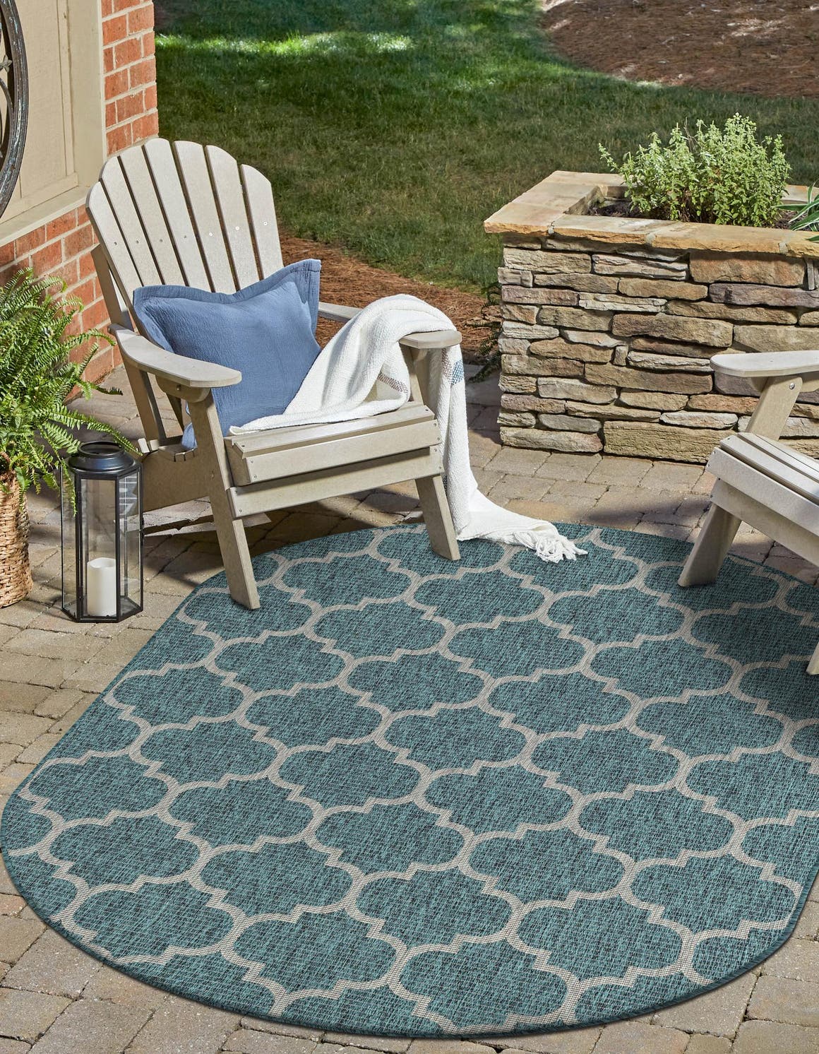Teal 7' 10 x 10' Outdoor Trellis Oval Area Rug Weather Resistant for Patio, Deck, Terrace, Balcony, Porch Geometric Design Water Safe Outside Carpet for Sale at Rug Engine