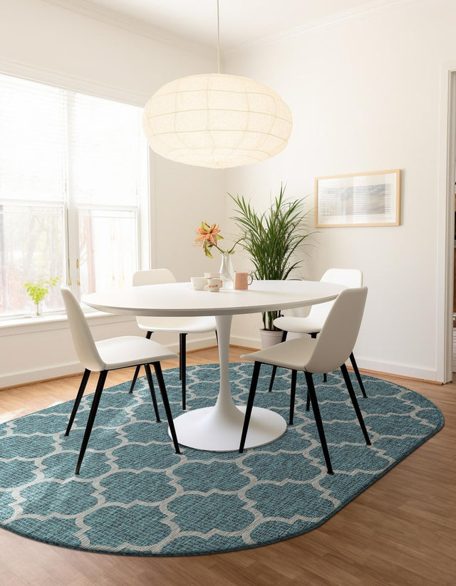 Teal 7' 10 x 10' Outdoor Trellis Oval Area Rug Weather Resistant for Patio, Deck, Terrace, Balcony, Porch Geometric Design Water Safe Outside Carpet for Sale at Rug Engine