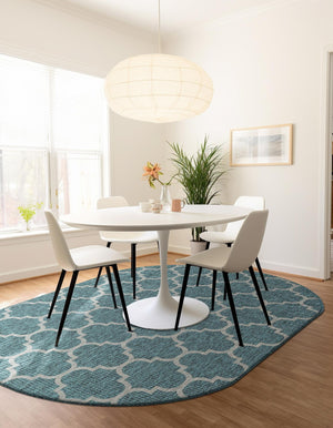 Teal 5' 3 x 8' Outdoor Trellis Oval Area Rug Weather Resistant for Patio, Deck, Terrace, Balcony, Porch Geometric Design Water Safe Outside Carpet for Sale at Rug Engine