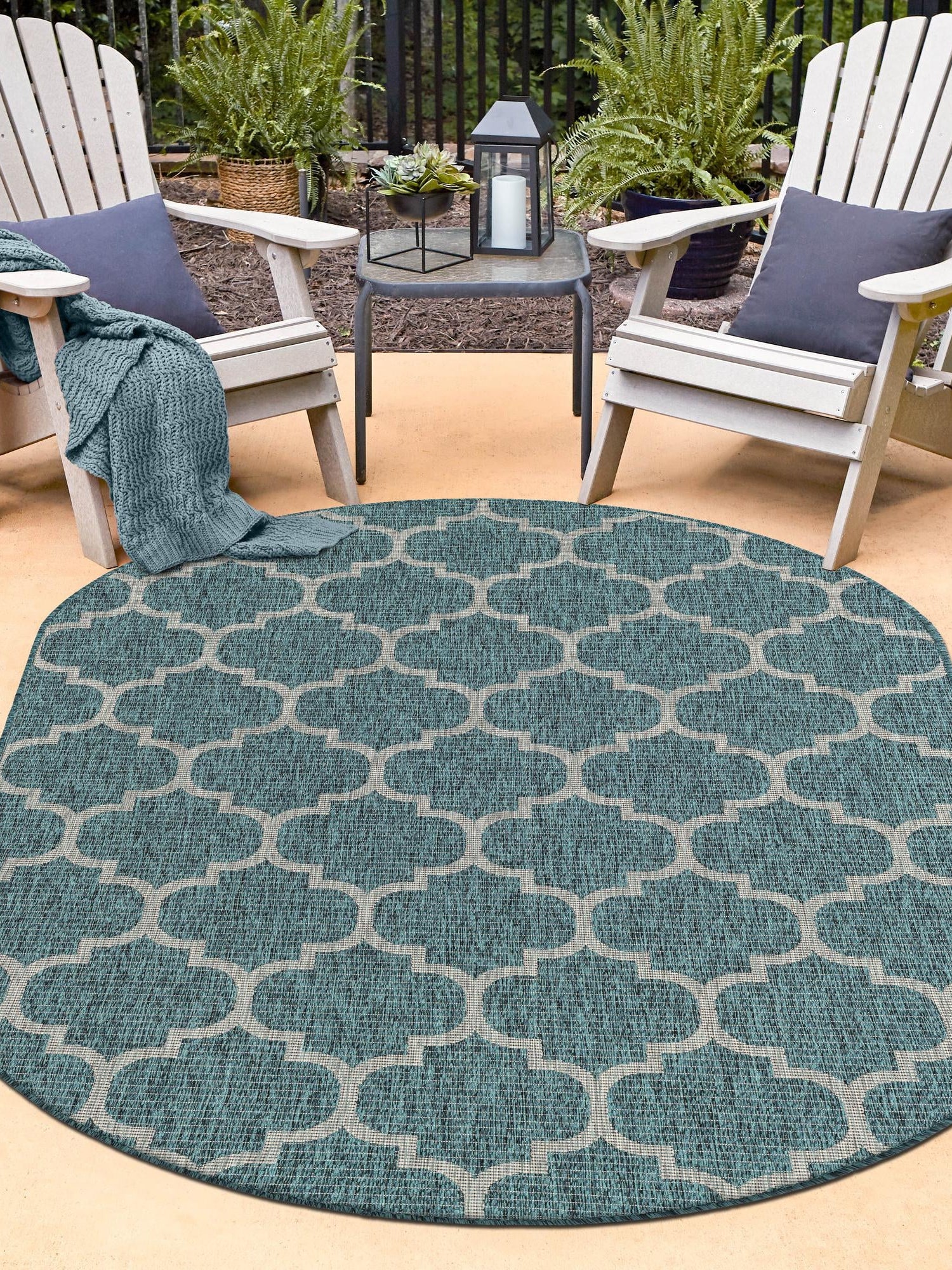 Teal 7' 10 x 10' Outdoor Trellis Oval Area Rug Weather Resistant for Patio, Deck, Terrace, Balcony, Porch Geometric Design Water Safe Outside Carpet for Sale at Rug Engine