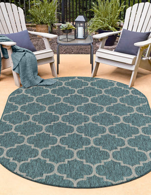 Teal 5' 3 x 8' Outdoor Trellis Oval Area Rug Weather Resistant for Patio, Deck, Terrace, Balcony, Porch Geometric Design Water Safe Outside Carpet for Sale at Rug Engine
