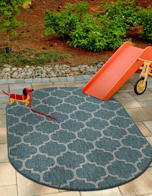 Teal 5' 3 x 8' Outdoor Trellis Oval Area Rug Weather Resistant for Patio, Deck, Terrace, Balcony, Porch Geometric Design Water Safe Outside Carpet for Sale at Rug Engine