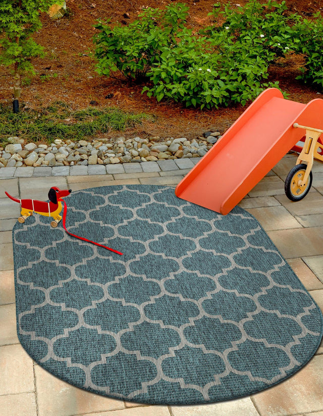 Teal 5' 3 x 8' Outdoor Trellis Oval Area Rug Weather Resistant for Patio, Deck, Terrace, Balcony, Porch Geometric Design Water Safe Outside Carpet for Sale at Rug Engine