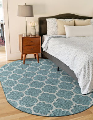 Teal 7' 10 x 10' Outdoor Trellis Oval Area Rug Weather Resistant for Patio, Deck, Terrace, Balcony, Porch Geometric Design Water Safe Outside Carpet for Sale at Rug Engine