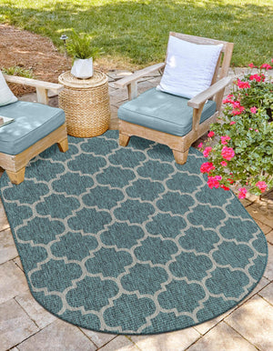 Teal 7' 10 x 10' Outdoor Trellis Oval Area Rug Weather Resistant for Patio, Deck, Terrace, Balcony, Porch Geometric Design Water Safe Outside Carpet for Sale at Rug Engine