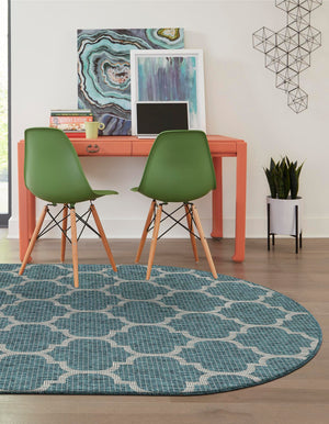 Teal 5' 3 x 8' Outdoor Trellis Oval Area Rug Weather Resistant for Patio, Deck, Terrace, Balcony, Porch Geometric Design Water Safe Outside Carpet for Sale at Rug Engine