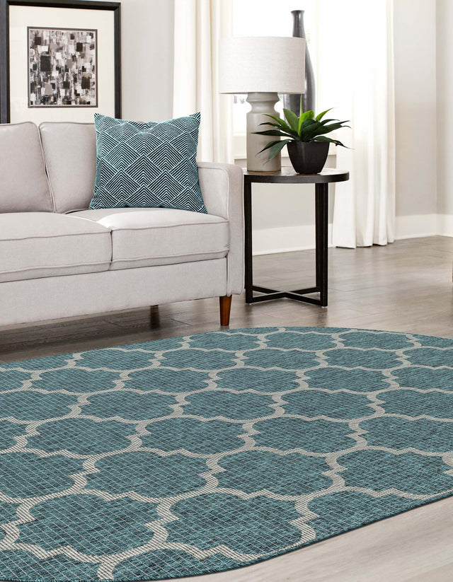 Teal 5' 3 x 8' Outdoor Trellis Oval Area Rug Weather Resistant for Patio, Deck, Terrace, Balcony, Porch Geometric Design Water Safe Outside Carpet for Sale at Rug Engine