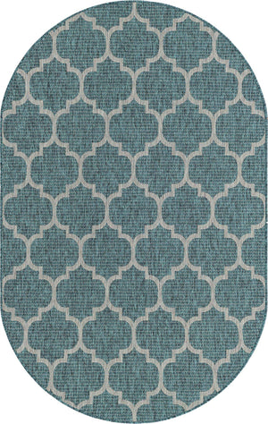 Teal 5' 3 x 8' Outdoor Trellis Oval Area Rug Weather Resistant for Patio, Deck, Terrace, Balcony, Porch Geometric Design Water Safe Outside Carpet for Sale at Rug Engine