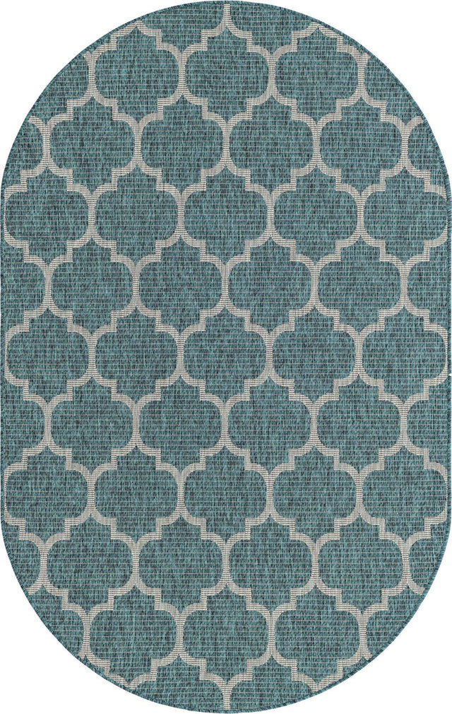Teal 5' 3 x 8' Outdoor Trellis Oval Area Rug Weather Resistant for Patio, Deck, Terrace, Balcony, Porch Geometric Design Water Safe Outside Carpet for Sale at Rug Engine
