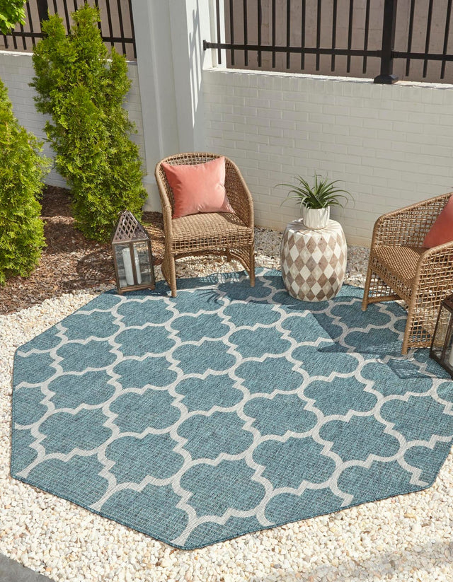 Teal 7' 10 x 7' 10 Outdoor Trellis Octagon Area Rug Weather Resistant for Patio, Deck, Terrace, Balcony, Porch Geometric Design Water Safe Outside Carpet for Sale at Rug Engine